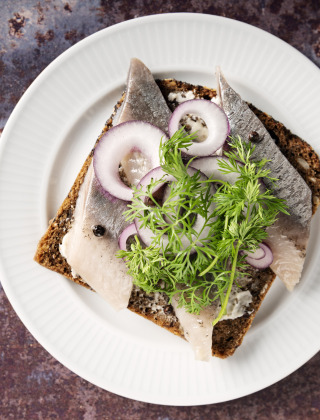Pan de centeno con arenque, cebolla y hierbas frescas en un plato blanco, servido en Zeeland, Países Bajos.