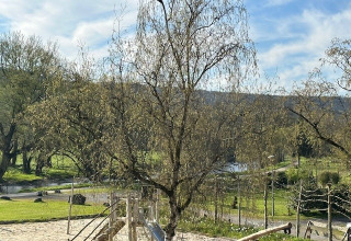 Parco giochi con sabbia e paesaggio verde al Camping De La Vallée, parco vacanze in Belgio Lussemburgo.