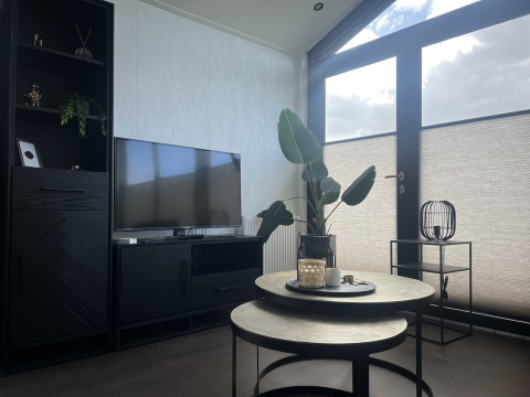 Modernes Wohnzimmer im Chalet Sea Pearl im Vakantiepark de Zeeuwse Parel mit TV, Tisch und Pflanze.