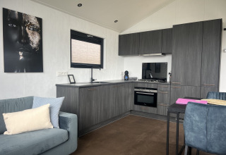 Moderne chaletkøkken og stue interiør med blå sofa og kunst på væggen i Sea Pearl på Vakantiepark de Zeeuwse Parel.