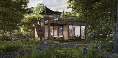 Lodge moderno con terraza en la azotea y grandes ventanales en medio del bosque en Resort de Parel, Países Bajos.