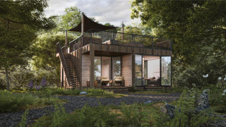 Lodge moderno con terrazza sul tetto e grandi finestre immerso nella natura al Resort de Parel, Paesi Bassi.
