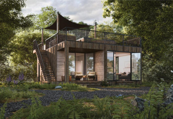 Lodge moderno con terrazza sul tetto e grandi finestre immerso nella natura al Resort de Parel, Paesi Bassi.