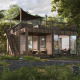 Moderne lodge med tagterrasse og store vinduer i grøn skov ved Resort de Parel, Holland.