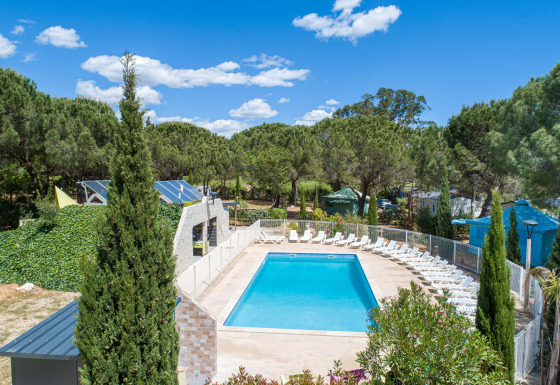 Outdoor swimming pool with lounge chairs surrounded by trees at Camping le Mas de Mourgues, Occitanie, France.