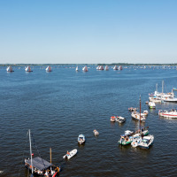 Veleros y yates en el lago cerca de Molkwerum, Frisia, Países Bajos, bajo un cielo azul despejado.