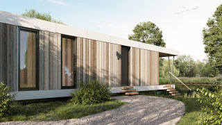 Moderna Waterlodge en Resort de Parel, Países Bajos, rodeada de naturaleza, árboles y lago al aire libre.