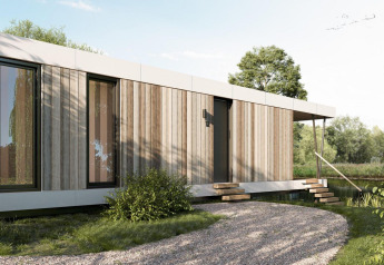 Moderna Waterlodge en Resort de Parel, Países Bajos, rodeada de naturaleza, árboles y lago al aire libre.