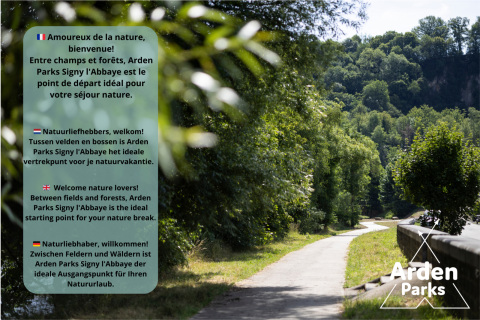 Pad tussen groene bossen in Arden Parks Signy l'Abbaye, ideale uitvalsbasis voor een natuurvakantie.