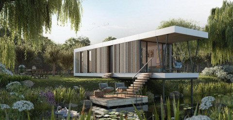 Modernes Tiny House am Wasser, Waterlodge Workation im Resort de Parel, umgeben von Natur in den Niederlanden.