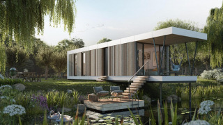Casa pequeña moderna llamada Waterlodge Workation en Resort de Parel, rodeada de vegetación en Países Bajos.