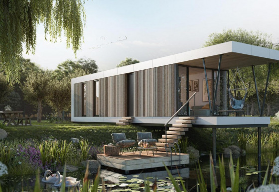 Casa pequeña moderna llamada Waterlodge Workation en Resort de Parel, rodeada de vegetación en Países Bajos.