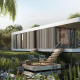 Moderne tiny house ved sø, Waterlodge Workation på Resort de Parel, omgivet af frodig natur i Holland.