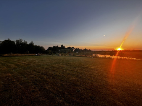 Sonnenuntergang über einer Wiese im Camping de Beerte, einem Ferienpark in Groningen, Niederlande.