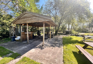 Buitenpaviljoen in hout op Camping de Beerte, Groningen, Nederland, omringd door bomen en gras.