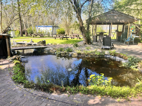 Idyllischer Teich mit Pavillon und Bänken im Ferienpark Camping de Beerte, Groningen, Niederlande.