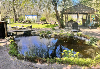 Stagno, tavoli da picnic e gazebo al Camping de Beerte, parco vacanze a Groningen, Paesi Bassi.