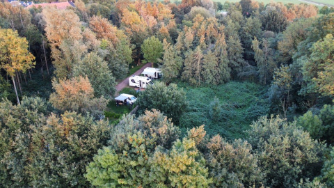 Vista aerea del Camping de Beerte a Groningen, Paesi Bassi, con camper immersi nella natura verde.