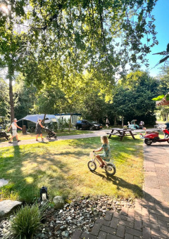 Familias disfrutando una tarde soleada en el camping Camping de Beerte en Groningen, Países Bajos.