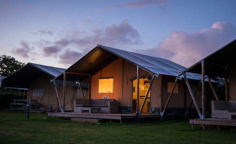 Tenda safari al parco vacanze De Boshoek nei Paesi Bassi al tramonto, con ingresso illuminato.