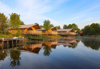 Tentes de glamping confortables au bord du lac à Holiday park Eigen Wijze, Pays-Bas, entourées d’arbres.