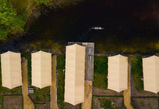 Safari tents, water and canoe from above - Eigen Wijze - Bant, Flevoland, The Netherlands