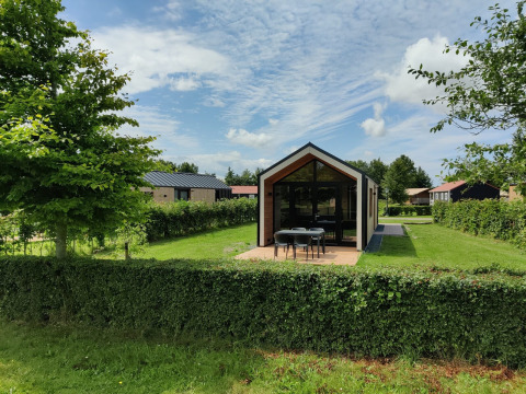 Moderne tiny house in Holiday park Eigen Wijze in Nederland, omringd door groen en bomen.