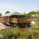 Safari-teltet Safaricottage XL på Holiday Park Sallandshoeve i Holland, bygget på pæle ved en dam.