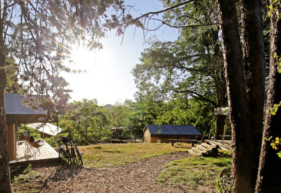 Zonnig zicht op houten huisjes en fietsen in het groen van Camping d'Angers - Lac de Maine, Frankrijk.