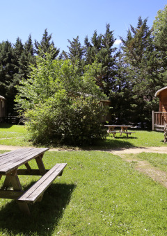 Cabañas de madera y mesas de picnic entre árboles en Camping de Lyon, Auvernia-Ródano-Alpes, Francia.