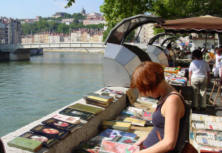 Vrouw aan het bladeren in boeken langs een riviermarkt in Lyon, Frankrijk, met bomen en stadszicht erbij.