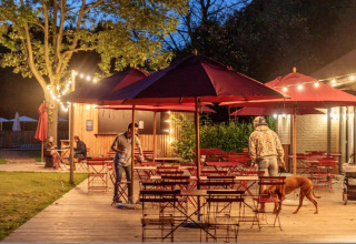 Outdoor dining area at Camping Valkenburg - Maastricht in Limburg, Netherlands, with guests and a dog.
