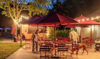 Outdoor dining area at Camping Valkenburg - Maastricht in Limburg, Netherlands, with guests and a dog.