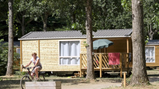 Kvinde cykler foran en Mobile home Cottage i skov, terrasse med parasol og håndklæder i solen.