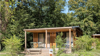 Vue extérieure du Chalet Ottawa, un chalet en bois chaleureux avec véranda, entouré d’arbres et de verdure luxuriante.