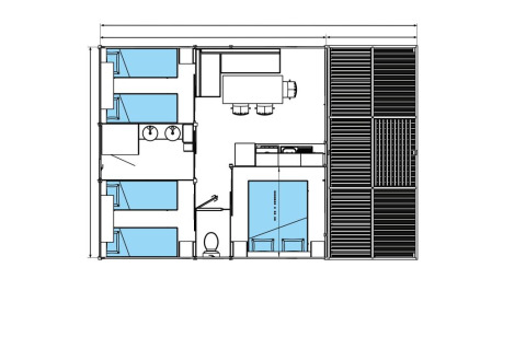 Plano de Chalet Ottawa en Camping de Lyon, Francia, con dormitorios, baño, cocina y zona de estar visibles.