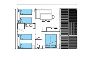 Plano de Chalet Ottawa en Camping de Lyon, Francia, con dormitorios, baño, cocina y zona de estar visibles.