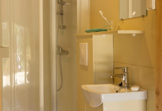 Baño dentro de una tienda safari con cabina de ducha, inodoro suspendido, lavabo pequeño y espejo.