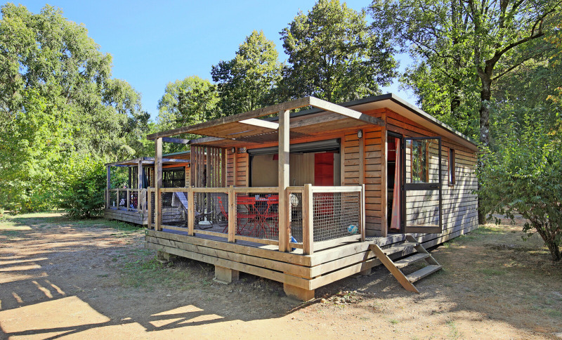 Cabaña de madera en Chalet Toronto, Huttopia De Roos, Países Bajos, rodeada de árboles y naturaleza.