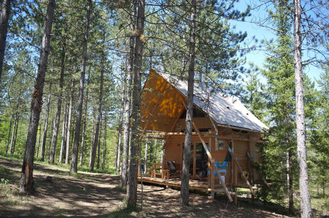 Tienda safari Cahutte en Village Huttopia Lanmary, Francia, rodeada de altos pinos en un bosque soleado.