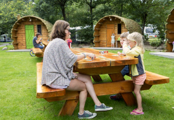 Family playing cards at a wooden picnic table in front of log cabins at Veluwecamping De Pampel, Netherlands.