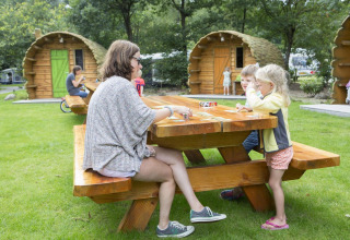 Familie spielt Karten an einem Holztisch vor Baumstammhütten im Veluwecamping De Pampel, Niederlande.