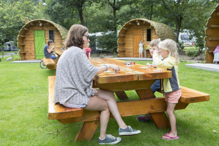 Family playing cards at a wooden picnic table in front of log cabins at Veluwecamping De Pampel, Netherlands.