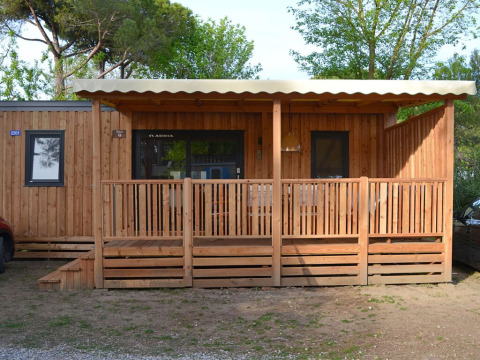 Foto de SunLodge Babul, una cabaña de madera con porche cubierto, rodeada de árboles y vegetación.