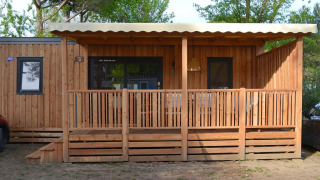 Foto de SunLodge Babul, una cabaña de madera con porche cubierto, rodeada de árboles y vegetación.