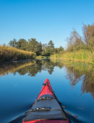 Paseo en kayak por un río tranquilo entre juncos y árboles en un parque vacacional con glamping.