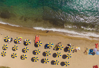 Aerial view of a sandy beach with rows of blue and yellow umbrellas and clear water at a holiday park.