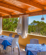 Terraza exterior cubierta de restaurante con manteles azules, sillas blancas y vistas naturales.