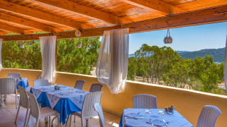 Terraza exterior cubierta de restaurante con manteles azules, sillas blancas y vistas naturales.