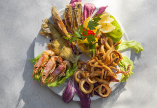 A plate of assorted seafood including shrimp, fried squid, and fish, served with lettuce and lemon wedges.
